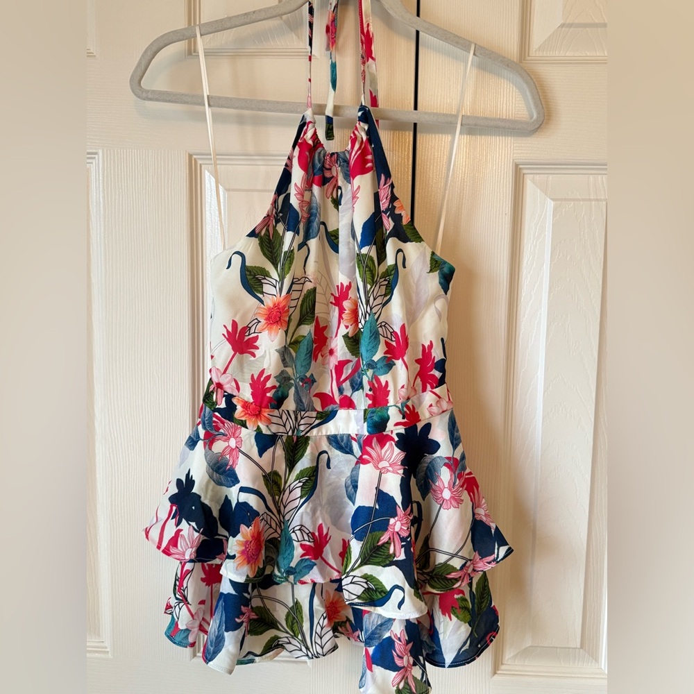 NWT Parker NY Floral Fiesta Halter Keyhole Tie Tank Top Open Back Sleeveless